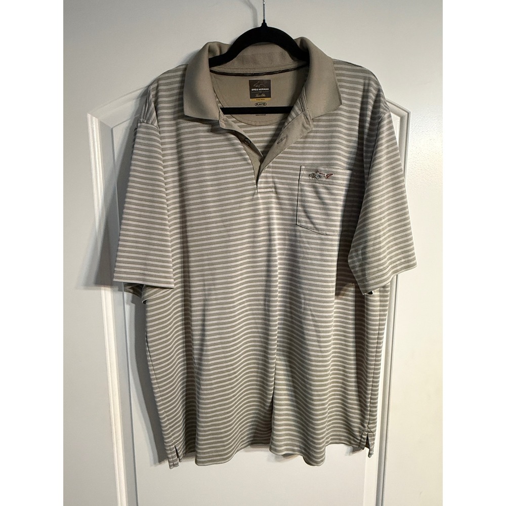 Greg Norman Polo Shirt XL Tan Striped Five Iron Play Dry Pocket Golfcore Classic